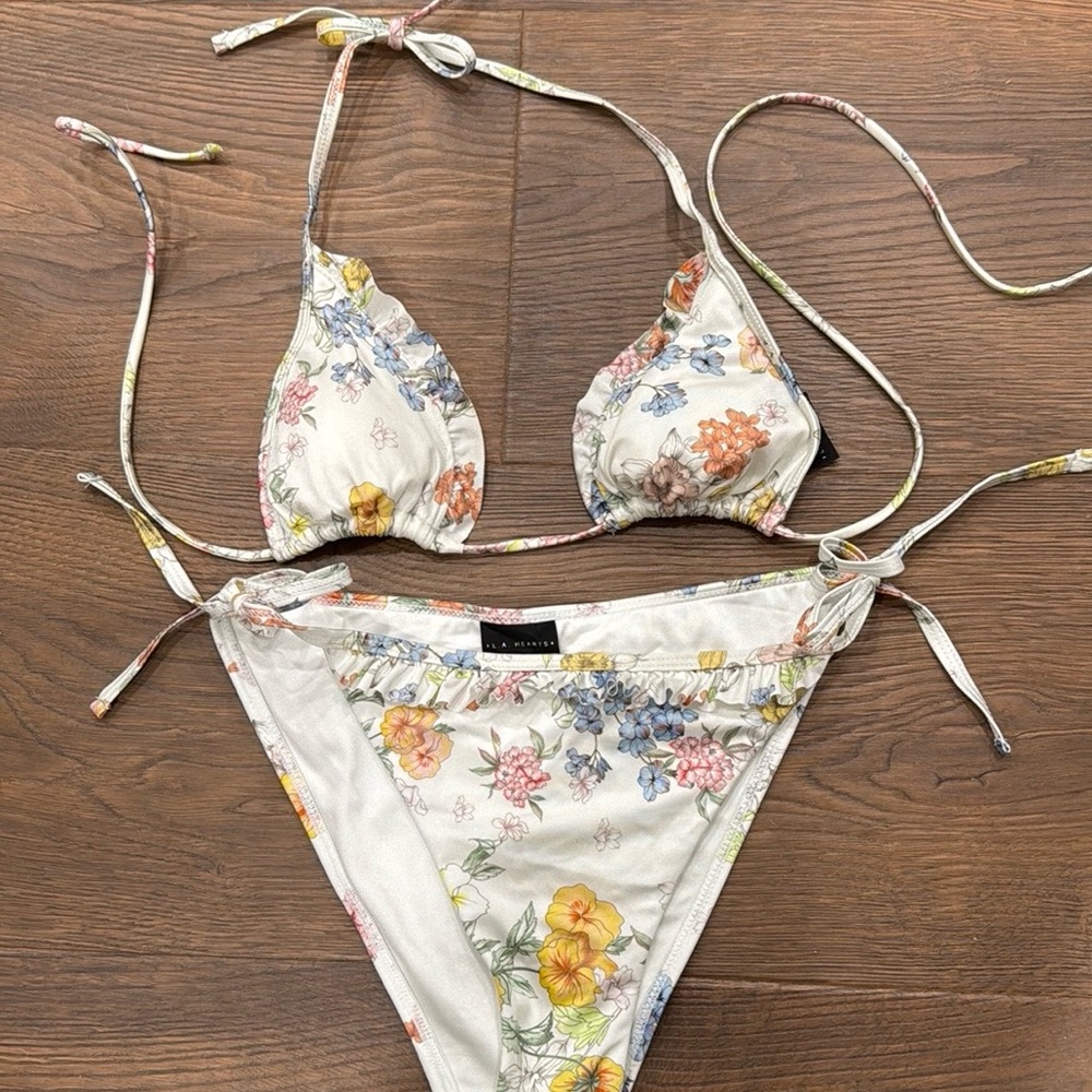LA Hearts flowery swimsuit with triangle top and tie bottom